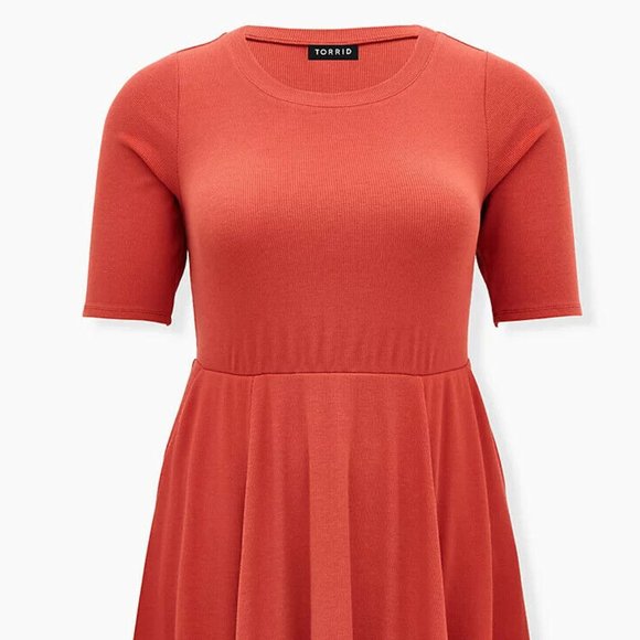 New Torrid Red Terracotta Rib Handkerchief Skater Dress - Picture 3 of 6